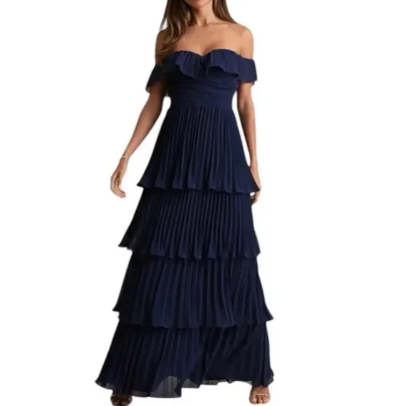 NWT Lulus Always Remarkable Navy Pleated Off the Shoulder Maxi Dress Size 1X - Picture 1 of 9